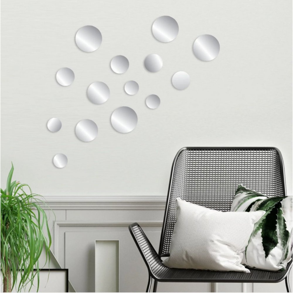 14Pc Peel & Stick Self-Adhesive Silver Circle Wall Acrylic Mirror Decals